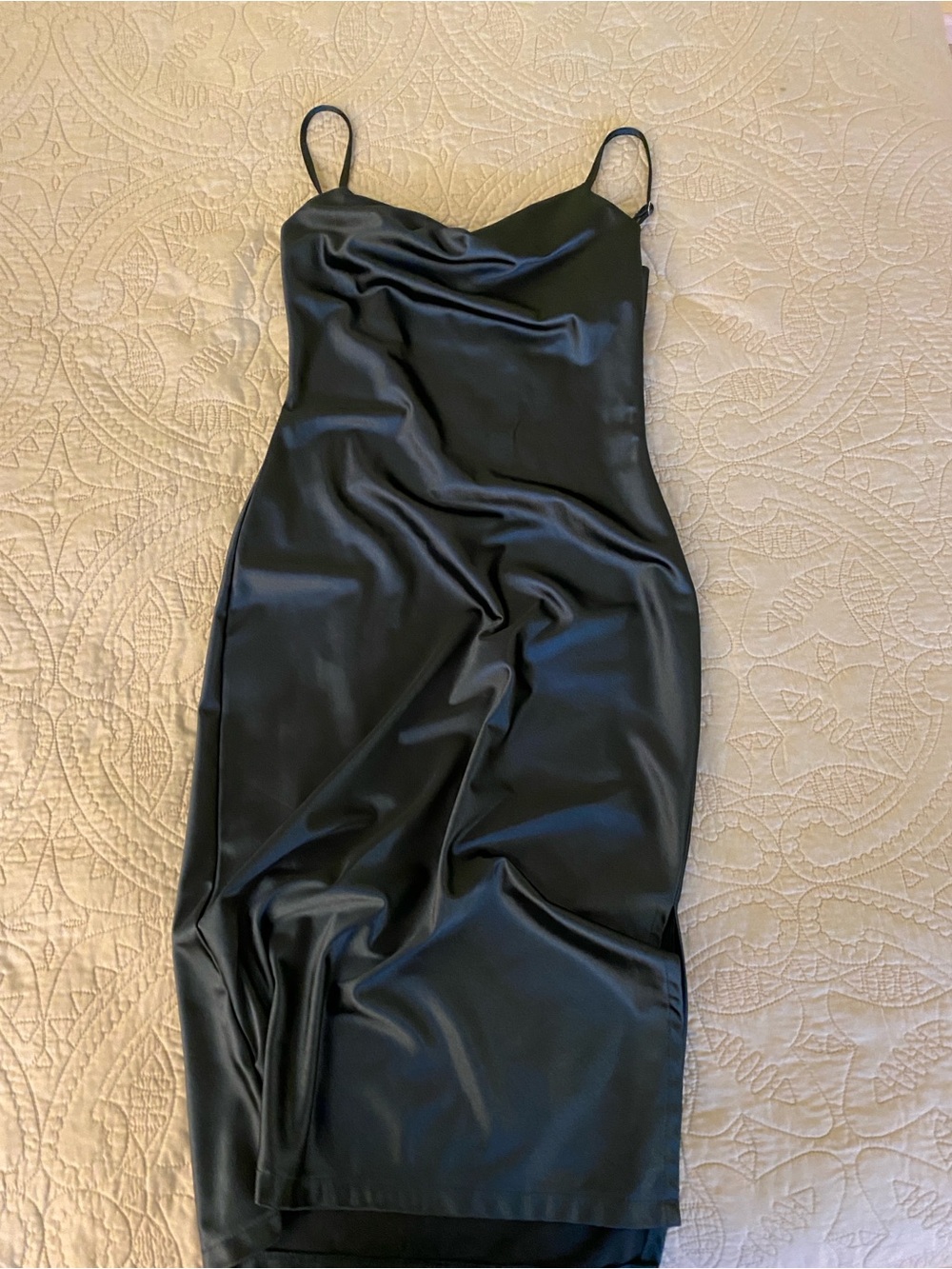 Dark Green-Blue Satin Slip Dress with Cowl Neck